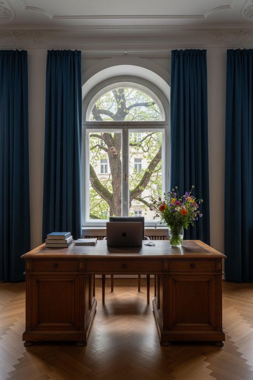 Ein antiker Schreibtisch aus Holz steht vor einem großen Bogenfenster mit dunkelblauen Vorhängen und Blick auf einen Baum.